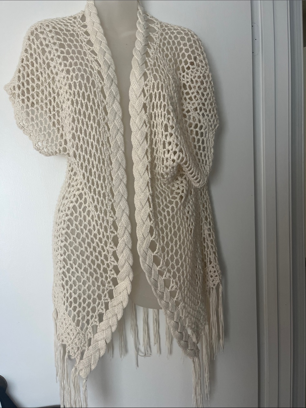 Umgee Cream Open-Knit Braided Fringe Shawl medium
